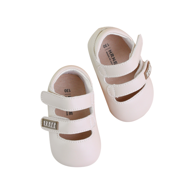 pink two-strap leather shoes for kids