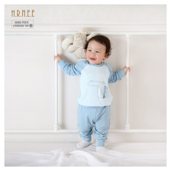 kid wearing a dinosaur clothing set